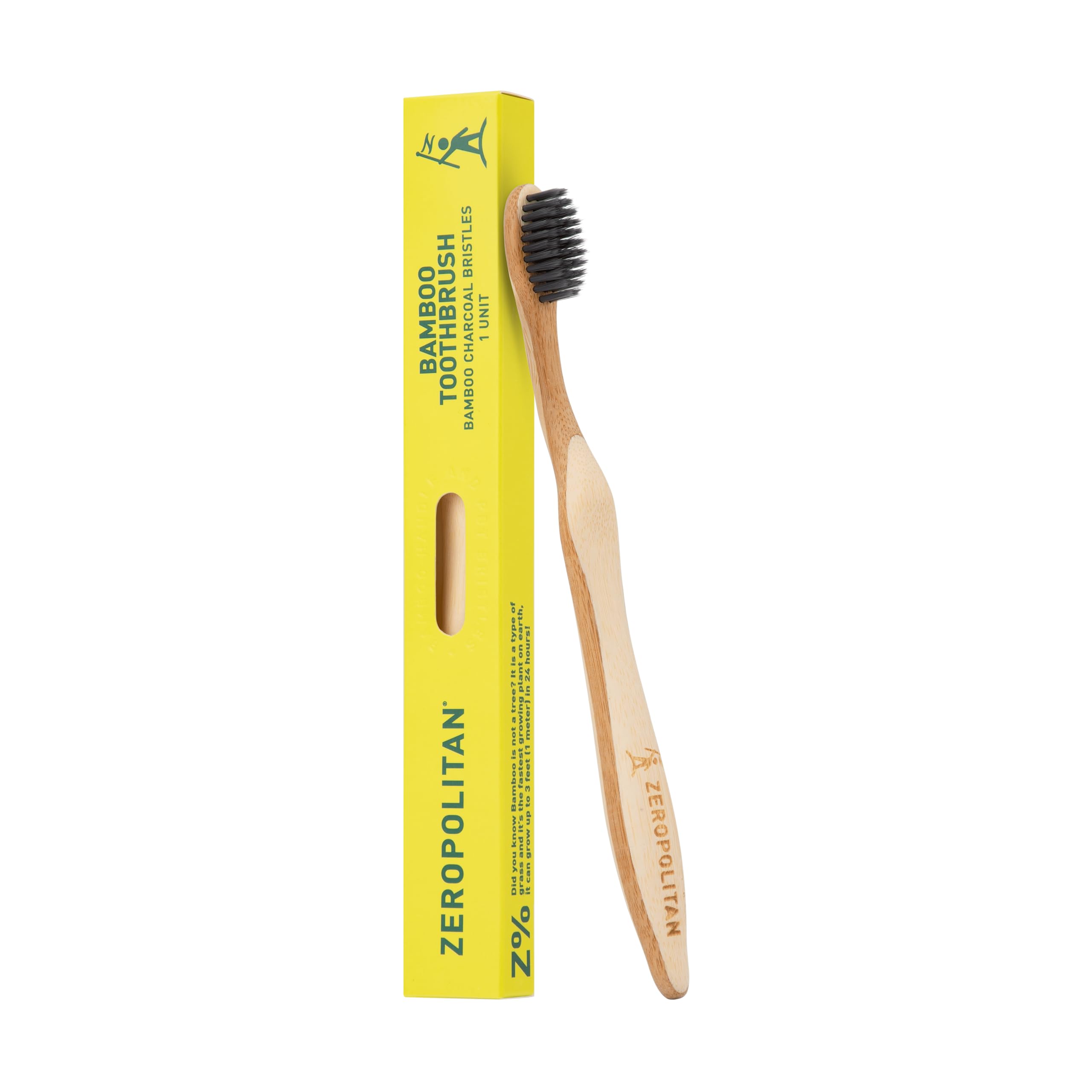 Zeropolitan - Bamboo Toothbrushes with Soft Charcoal Bristles 1 Unit - Ergonomic Handle Wooden Toothbrushes - Eco Friendly, Low Waste and Biodegradable Toothbrushes