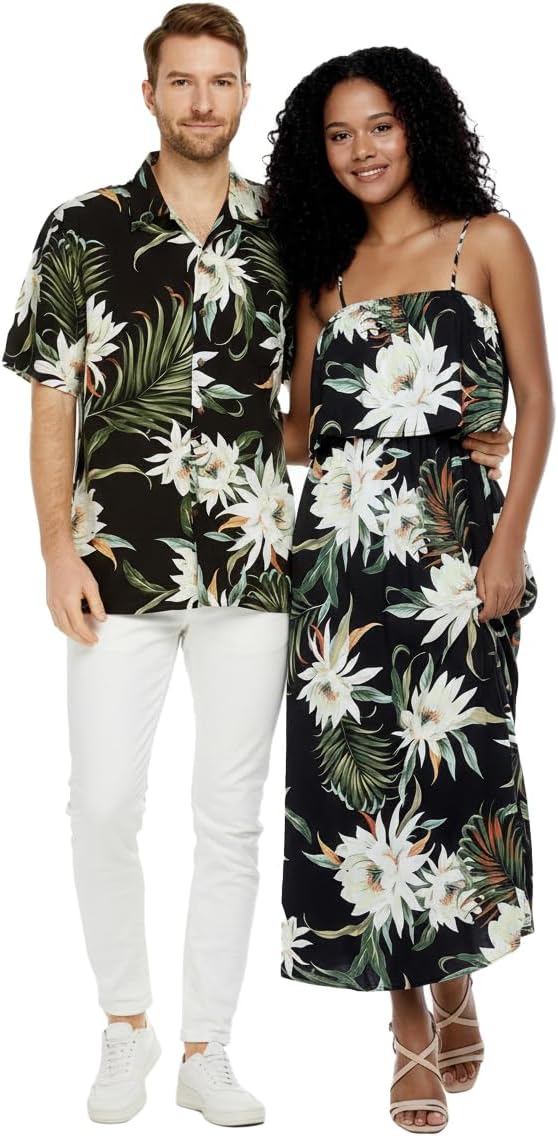 Matchable Couple Hawaiian Luau Shirt or Maxi Ruffle Dress in Wispy Cereus Black