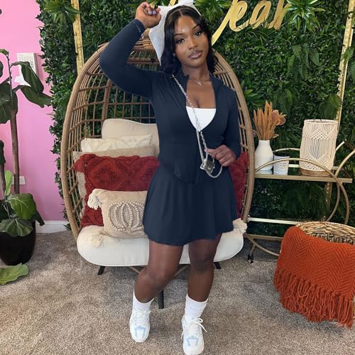 Bluewolfsea Women Sexy 2 Piece Tennis Skirt Set Long Sleeve Zipper Top and Mini Skirt Athletic Workout Outfits Sets Sweatsuit2