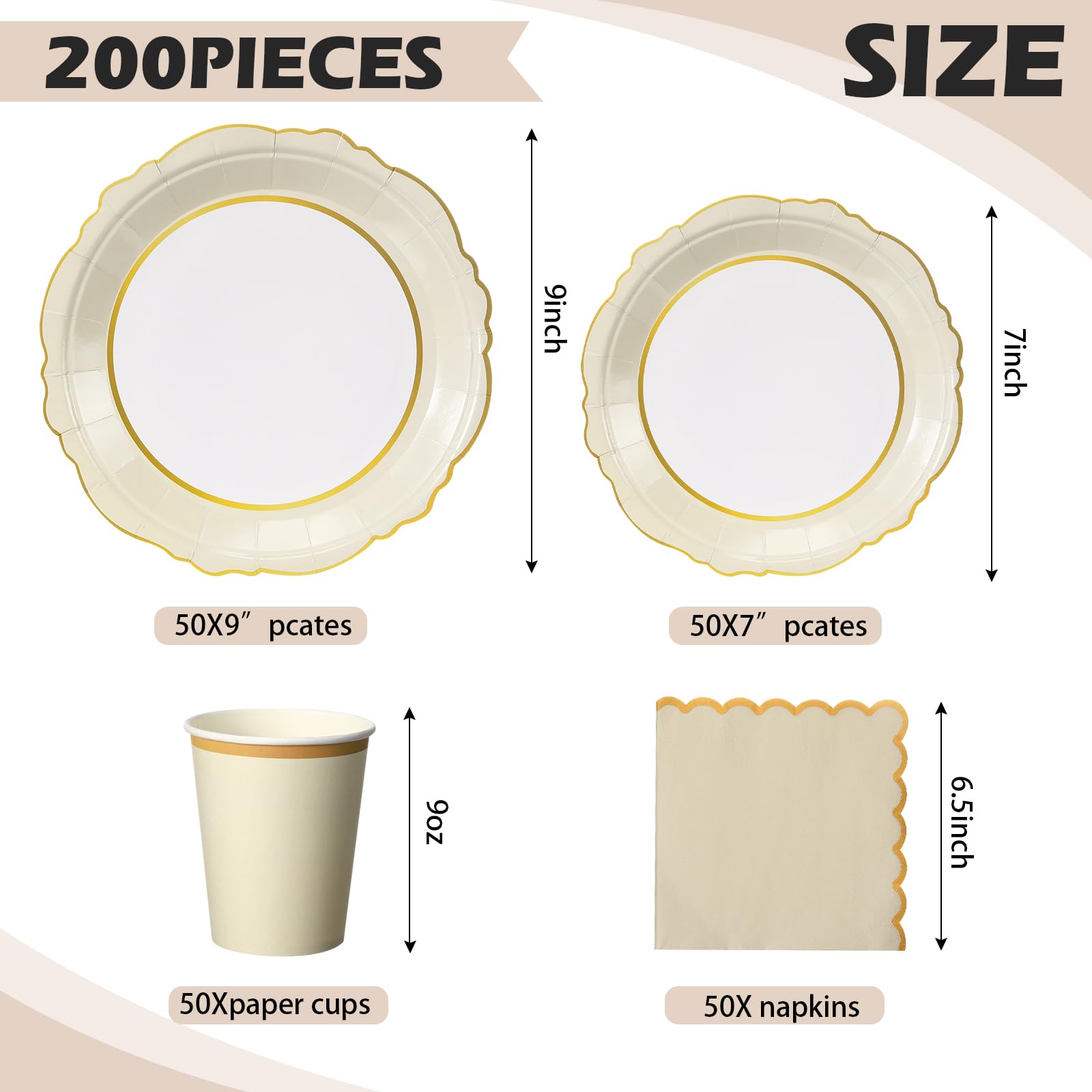 Tioncy Juego de 200 platos de papel desechables, vasos y servilletas, suministros para fiestas para 50 invitados, vajilla de papel desechable festoneada para cumpleaños, boda, baby shower, picnic