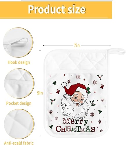 Miniatura 3 de Merry Christmas 2Pcs Pot Holders for Kitchen,Non Slip & Heat Insulation Terry Cloth Potholder Set with Pocket,Thick Hot Pad Oven Mitts Trivet