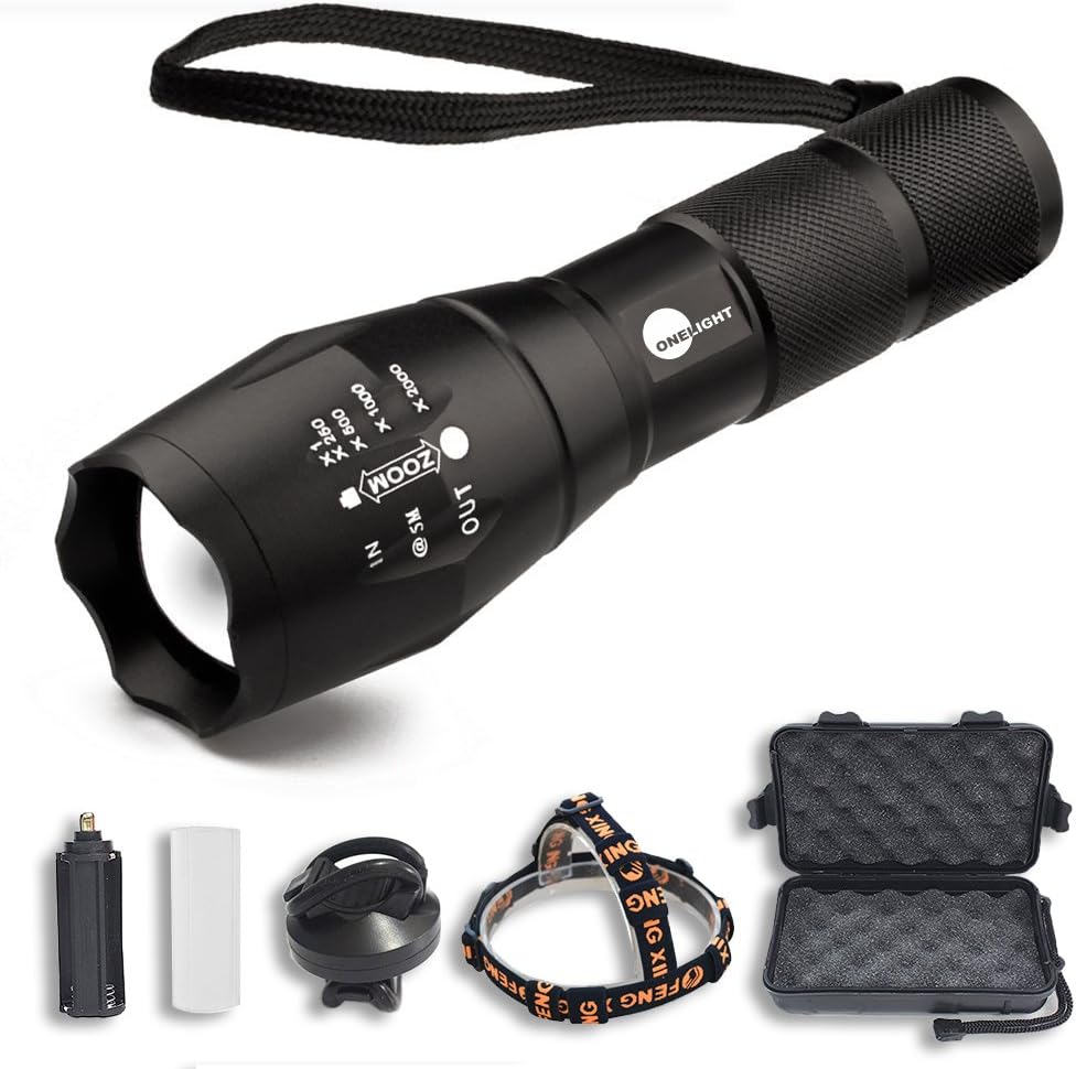 Onelight Tactical Flashlight, Bike Light, Headlamp - 3 in 1 Handheld Flashlight with Universal Mount Holder (for Bicycle, Gun) and Headbelt