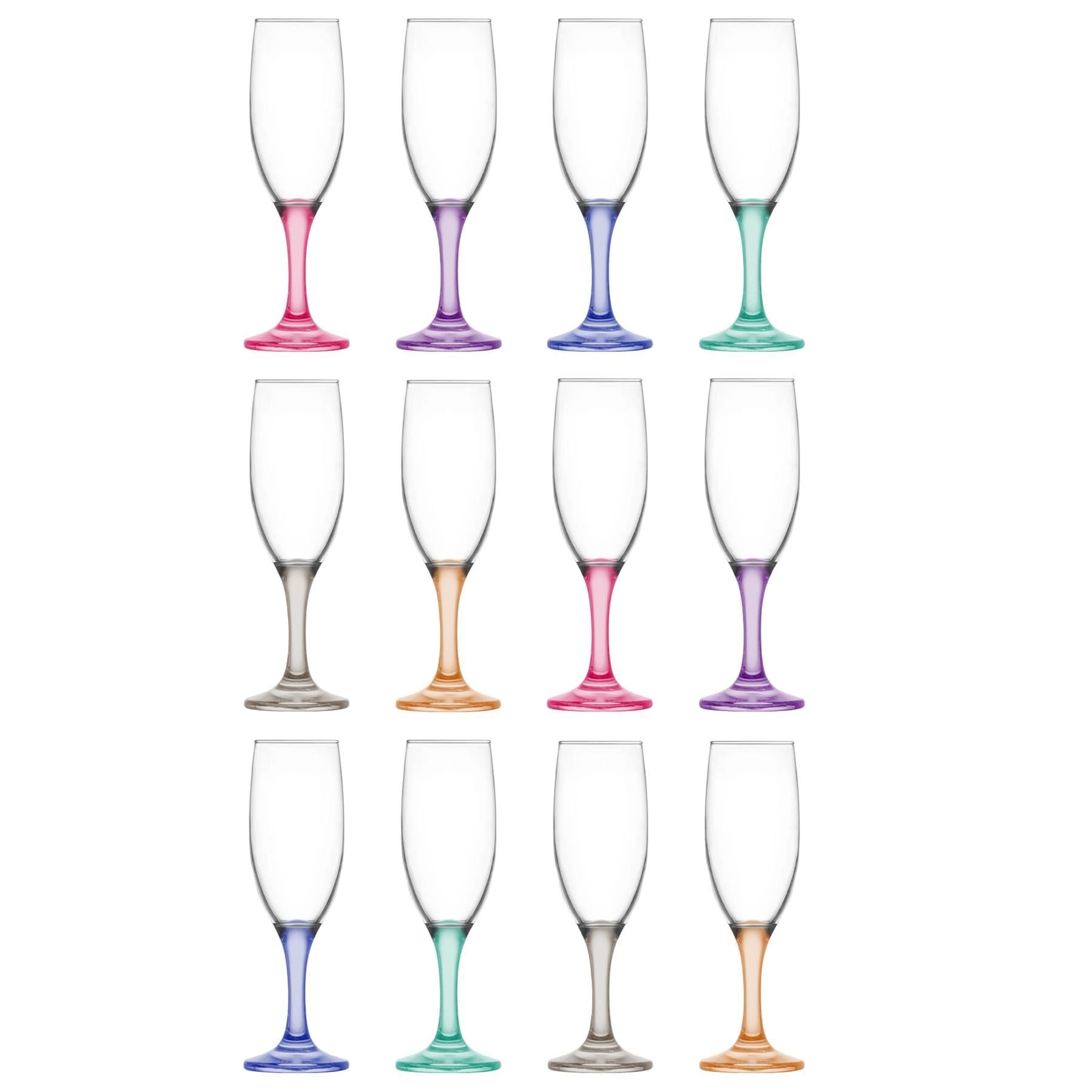 LAV 190ml Misket Glass Champagne Flutes - Coloured Stem - 12x Reusable Wedding Anniversary Birthday Hen Party Prosecco Wine Cocktail Glasses Set