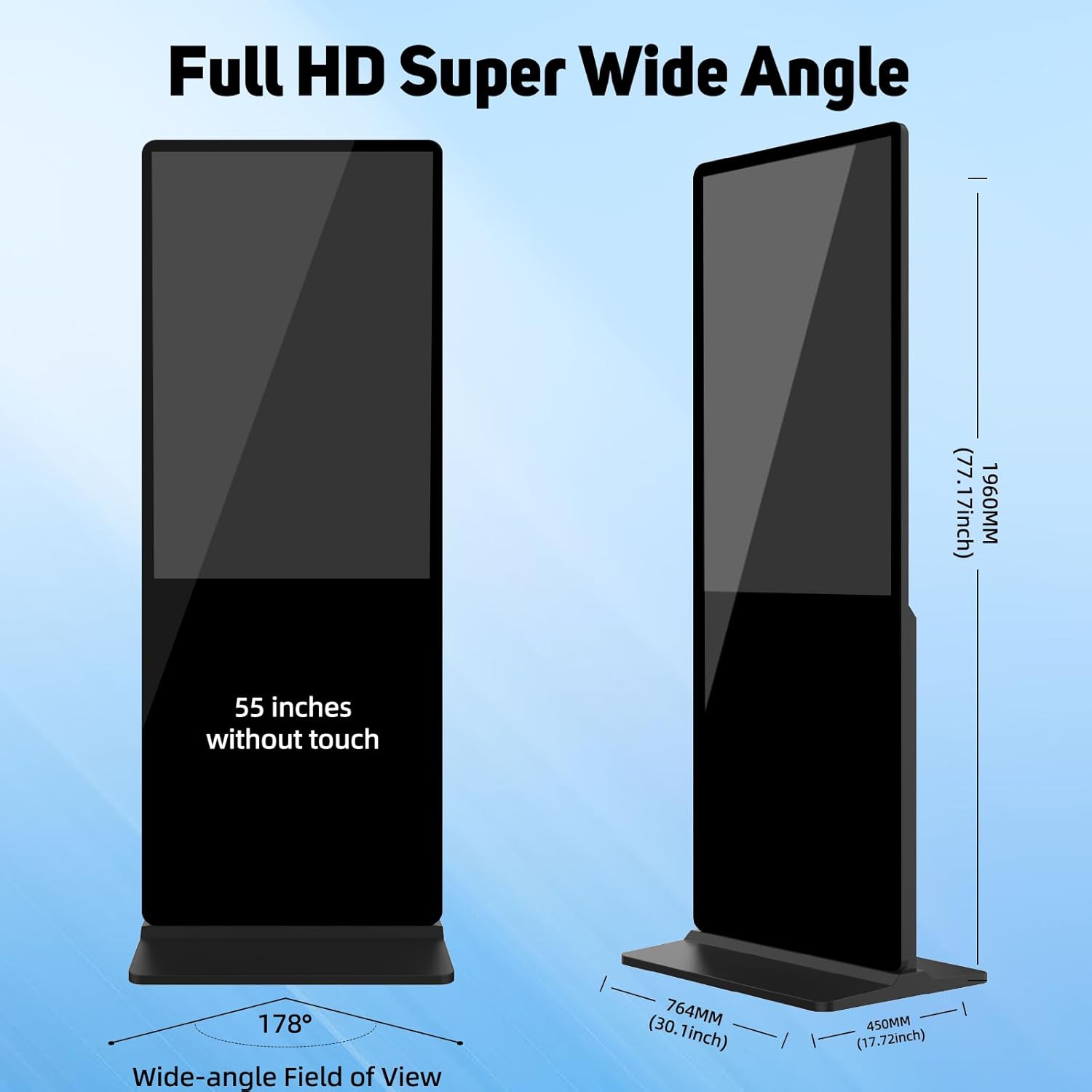 Digital Signage, Android Floor Kiosk, IPS Touchscreen, CMS Software, Auto AD Player, HDMI USB WiFi Inputs, Black Cabinet