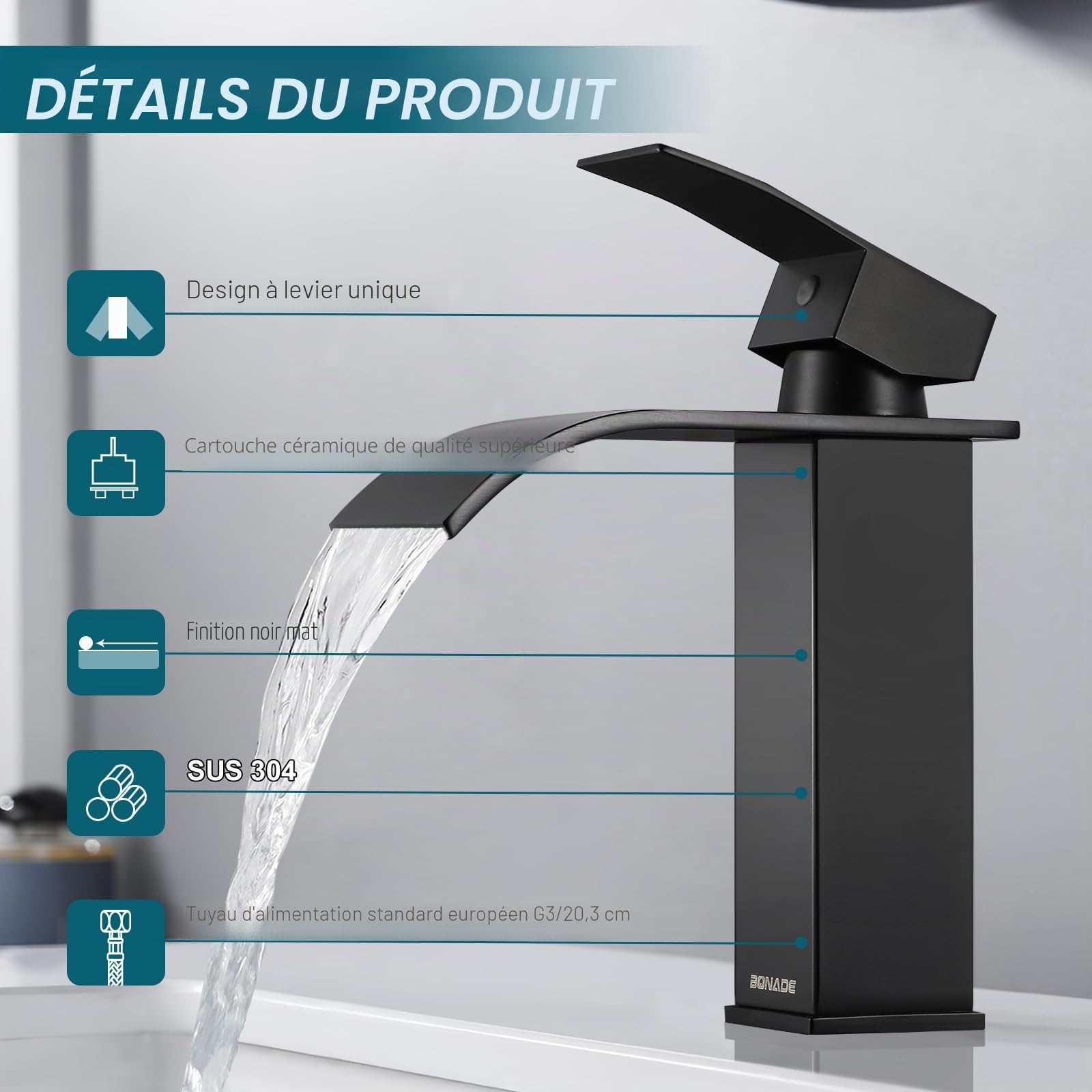 BONADE Robinet Lavabo Cascade Noir, Robinet Salle Bain Noir avec l'Eau Froide et Chaude Disponible, Mitigeur Lavabo Inox 304 de Super Qualité, Robinetterie Salle de Bains Design Elégant