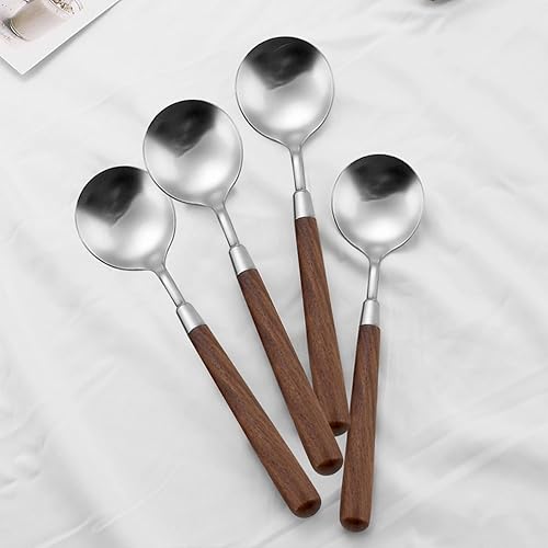 Miniatura 5 de Cuchara de mango de madera retro, cucharadas de servir de acero inoxidable, cuchara de madera, cubiertos plateados con mango marrón, 4 unidades.