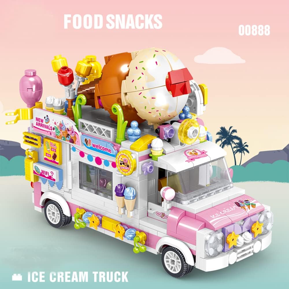 Uvini Building Blocks Car Model, Street View Series Mini Blocks Ice Cream Truck Car Building Set, Best Gift for Girls Collectible Model Cars Set to Bulild, STEM Toy for Children 12+ 593pcs
