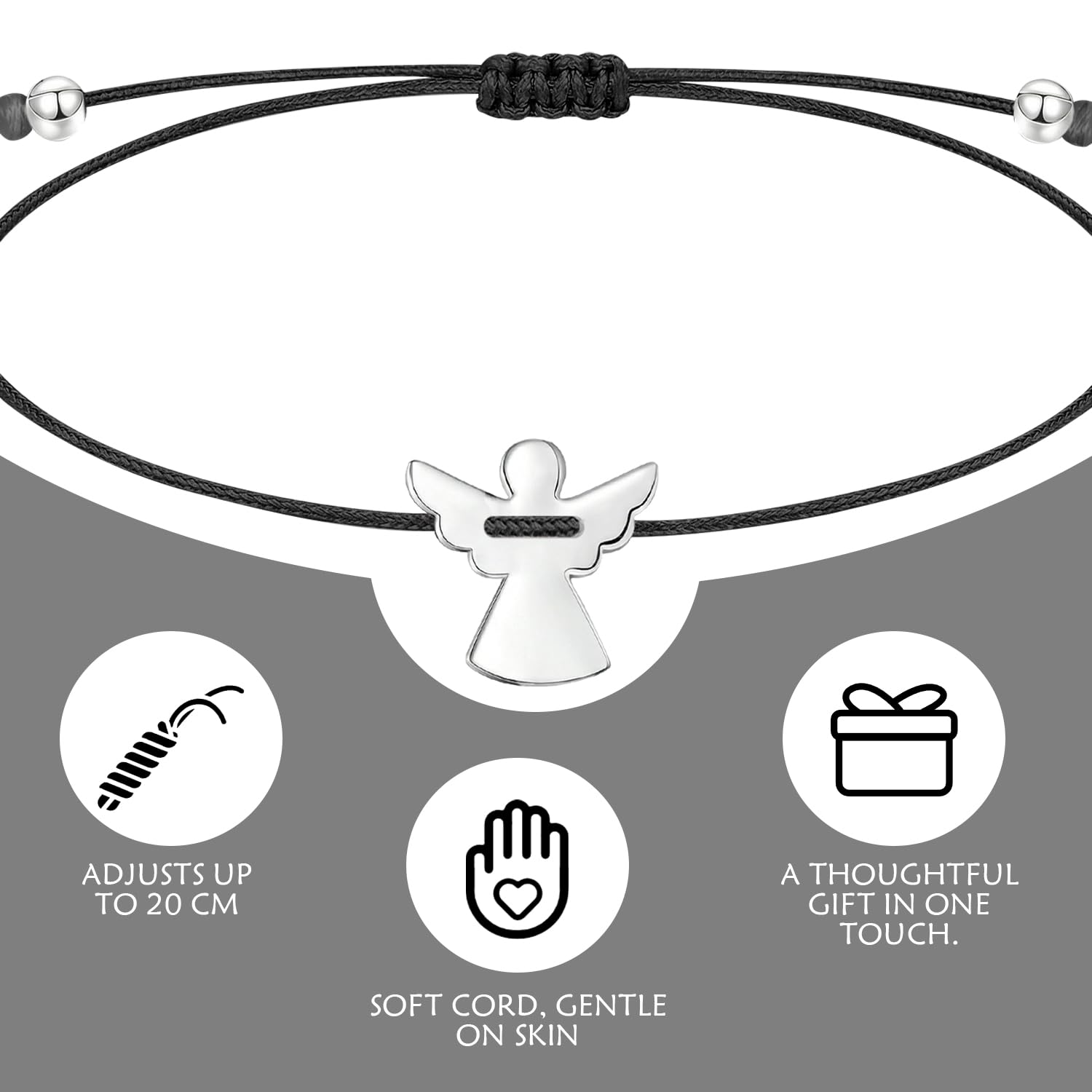 Bracciale Angelo Custode per Uomo e Donna, Braccialetto Portafortuna in Corda Intrecciata Nera, Regalo di Amicizia, Regolabile