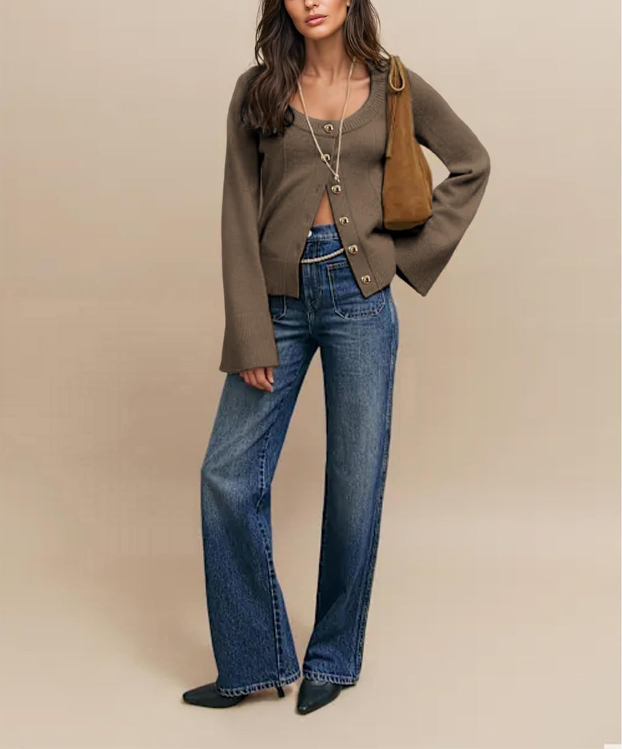 Women‘s Lightweight Cardigan Sweater Scoop Neck Bell Long Sleeve Button Down Open Front Tops - Image 4