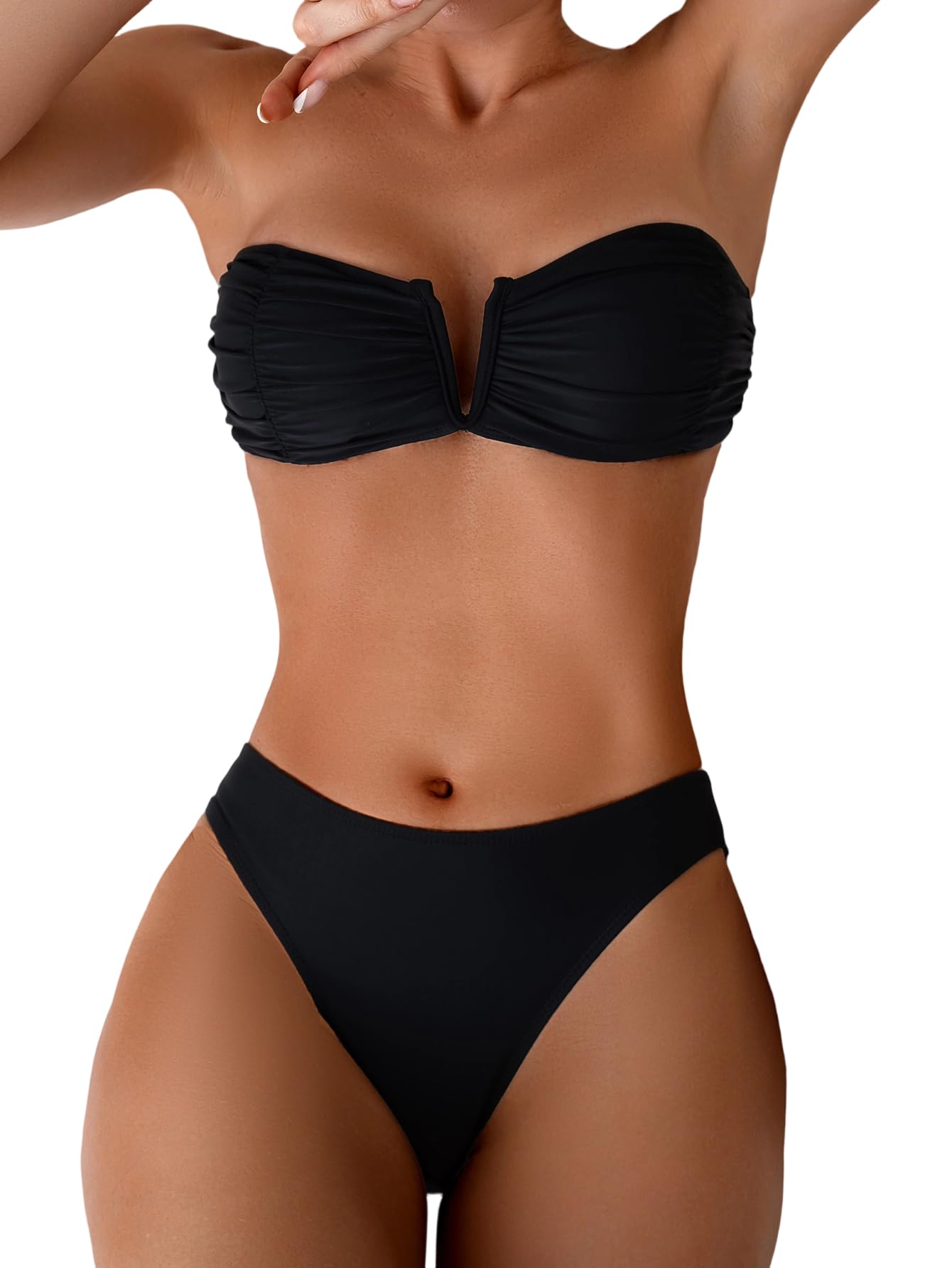 shenhe Women's Strapless Swimsuit 2 Piece Ruched V Neck Bandeau Bikini Set-picture-48