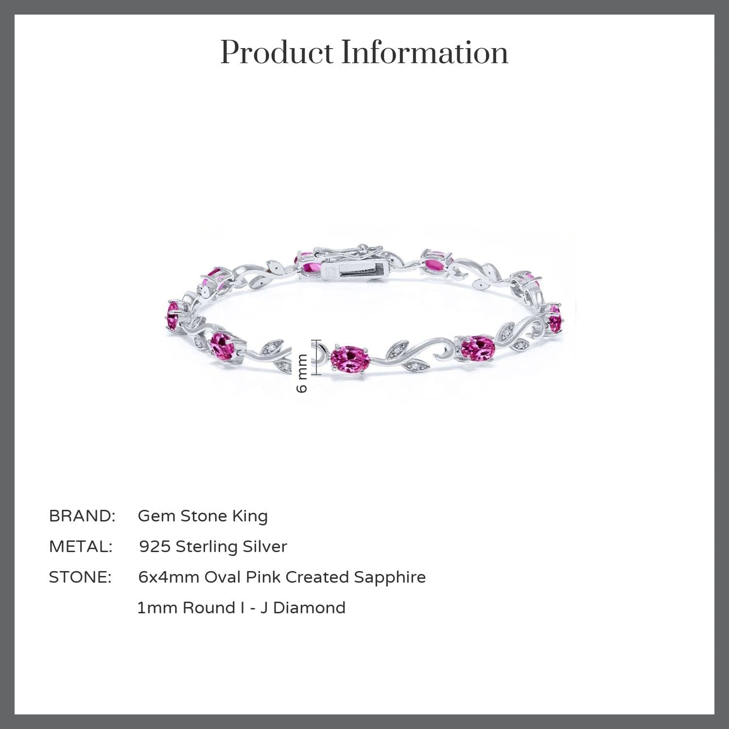Gem Stone King 925 Sterling Silver Pink Created Sapphire and Diamond Greek Vine Tennis Bracelet For Women (4.63 Cttw, 7 Inch, Oval 6X4MM)