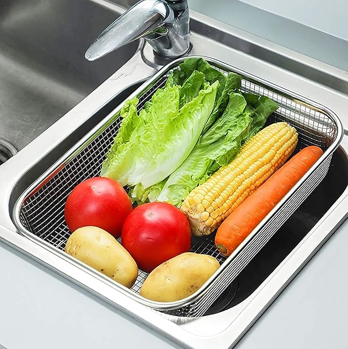 Image of SPIREX Stainless Steel Drain Basket Steel Big Drip Tray Kitchen Drying Stand Mesh Sink Rectangle Basket Mesh Fruits, Vegetable, Drainer Washer (Pack of 1, 30 X 20 X 6 Centimeters, Silver)