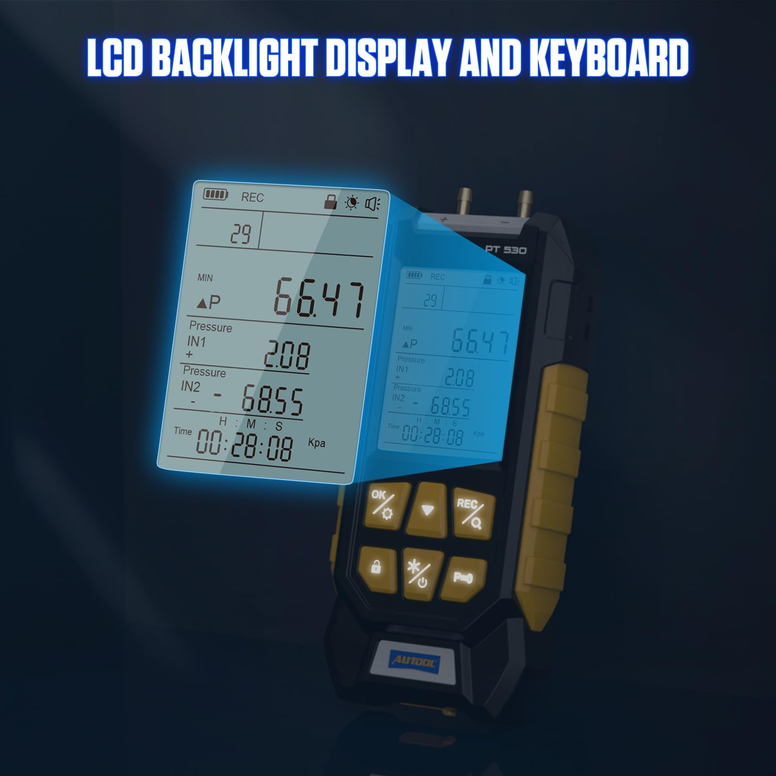 AUTOOL Manometer Digital, PT530 HLK Manometer, -1000~3000mbar / -100~300Kpa, ±0,25% FS Genauigkeit, Differenzdruckmessgerät met Adapter, Taschenlampe, 10 wählbaren Einheiten, Werkzeugkasten
