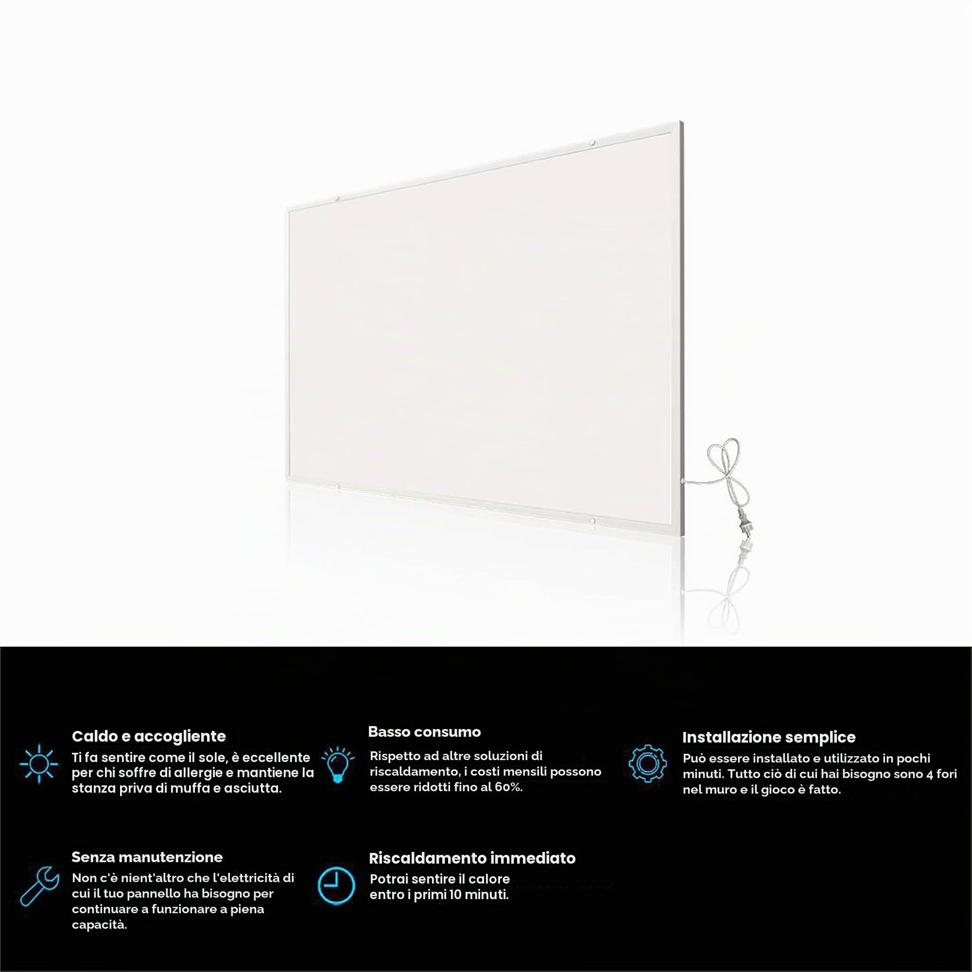Wiltec Pannello radiante a infrarossi 700W 1220x620x15 mm, Pannello elettrico per riscaldamento IR