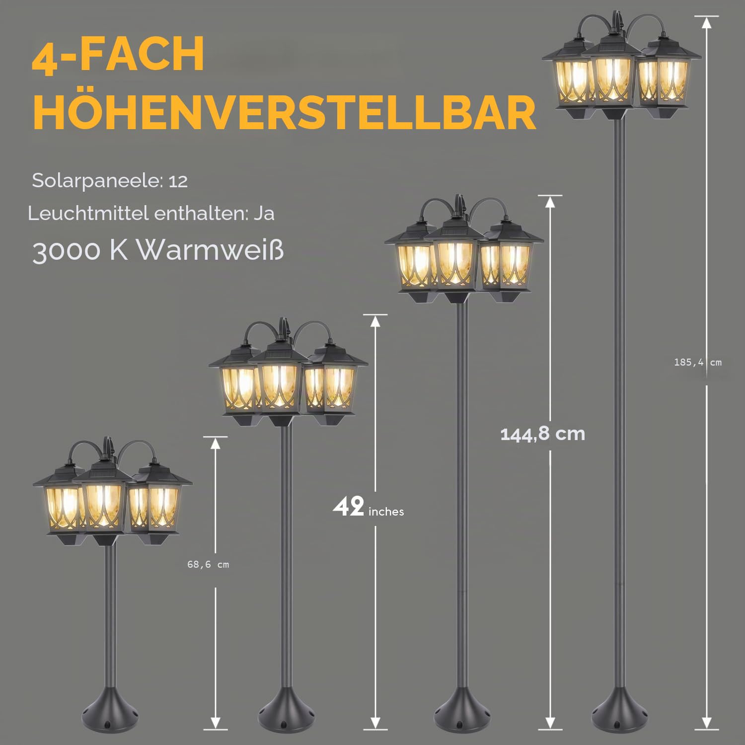 3-Kopf-Solarlampe Pfostenleuchte, 185,4 cm, Solarleuchten für den Außenbereich, wasserdicht, 60 lm, 3000 K, Wegeleuchten für Garten, Rasen, Hof