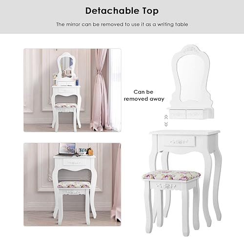 Miniatura 3 de LDAILY Juego de mesa de tocador con taburete acolchado, mesa de maquillaje con espejo y 3 cajones de almacenamiento, escritorio de escritura