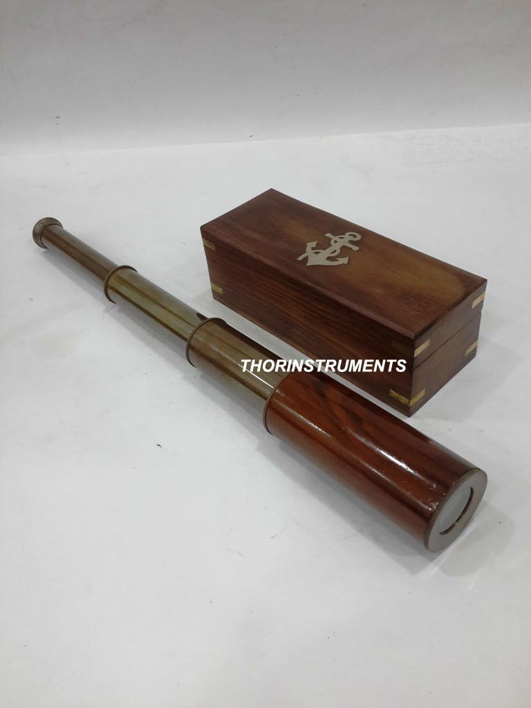 Nautical Antique Brass Brown Wood Telescope 14" with Wooden Box Rustic Vintage Home Decor Gifts