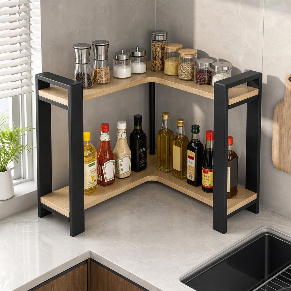Estantería esquinera de cocina, encimera de 2 niveles, en forma de L, organizador para especias y utensilios de cocina, ahorra espacio y estable, 30 x 33 x 30 cm
