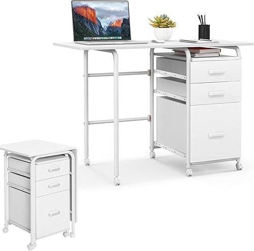 CHEFJOY - Escritorio plegable para computadora con 6 ruedas, escritorio plegable de acero moderno de 41.5 pulgadas para oficina en casa con 3