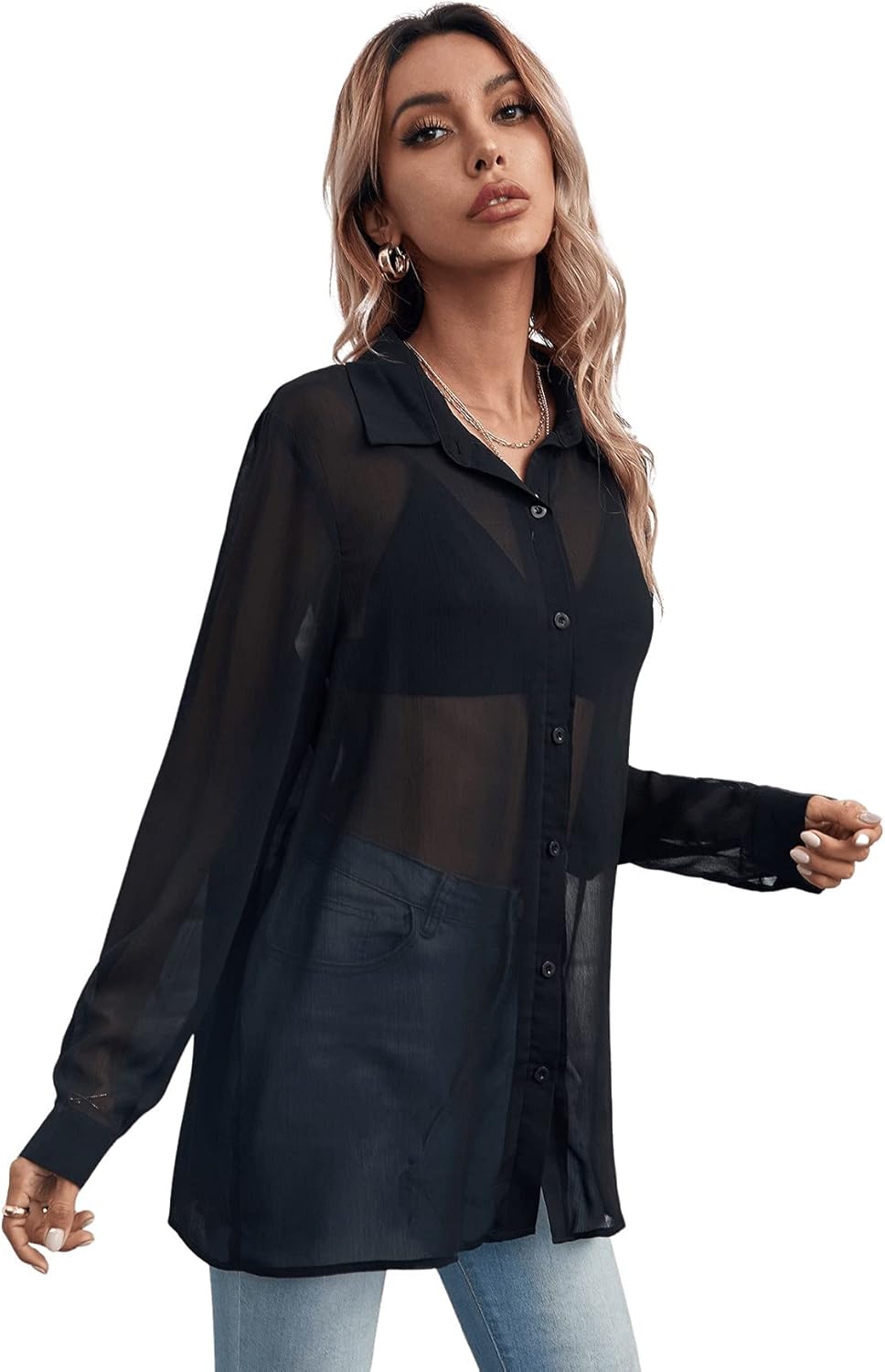 Floerns Women's Sheer Mesh Button Up Short Sleeve Shirt See Through Blouse Tops - Image 3