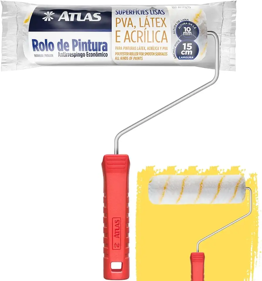 Rolo de Pintura Médio 15cm Lã Microfibra 10mm Antirespingo Com Suporte | Atlas