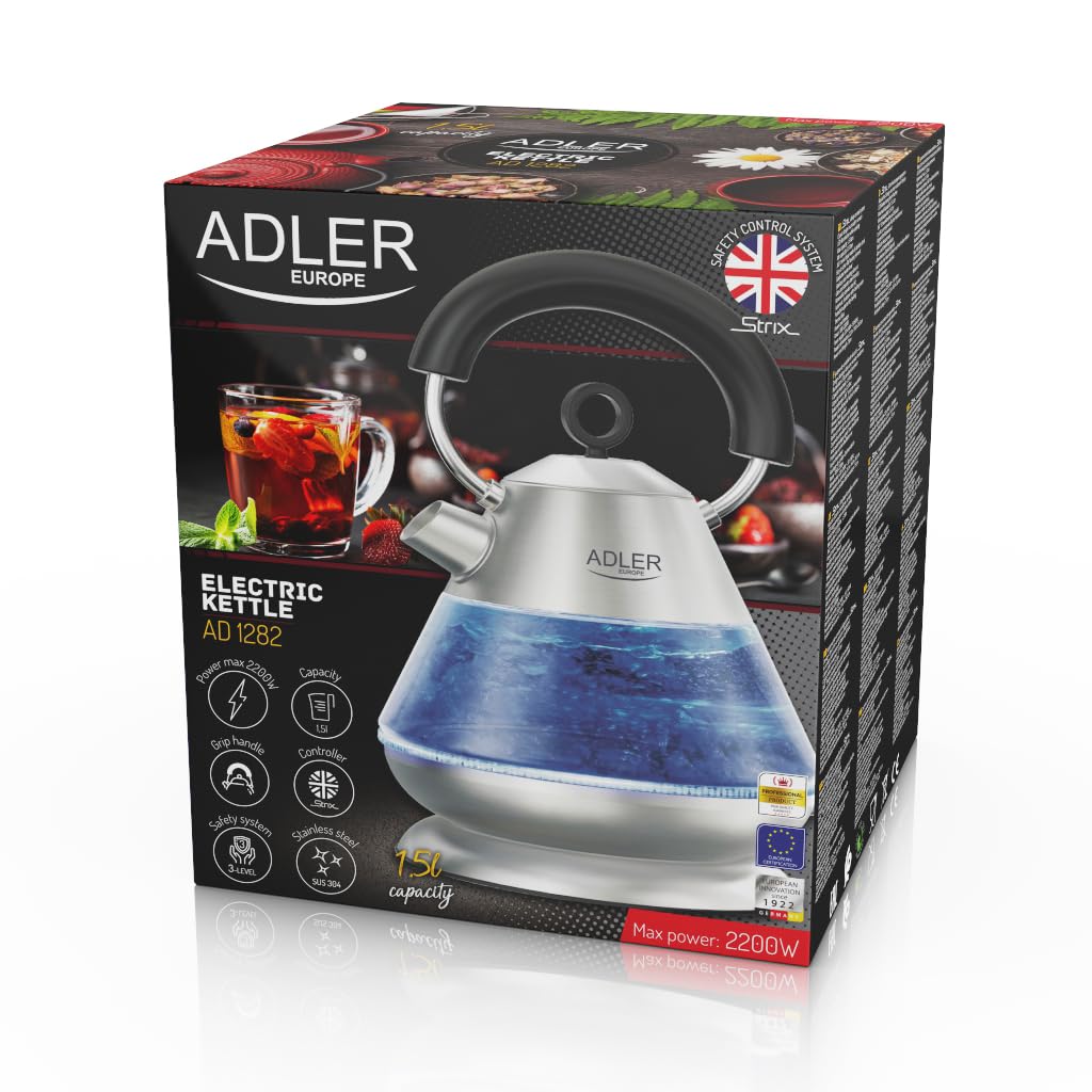 Adler AD 1282 Hervidora de Agua 1,5 l, con sistema de seguridad STRIX, 2200 W