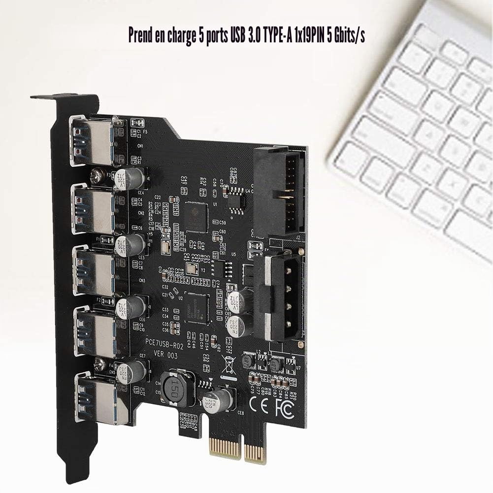 Diyeeni Carte PCI-E vers USB 3.0 PCI Express à 5 Ports, Carte PCI-E USB 3.0 Express avec connecteur Interne à 19 Broches, Prise en Charge de la Carte d'extension PCI Express UASP