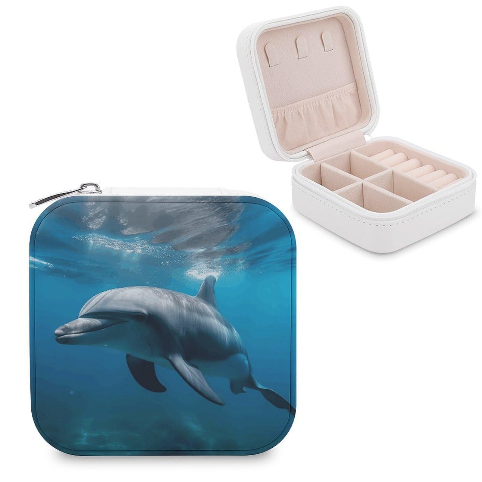 FekiLoot Dolphins in The Ocean1 Jewelry Box Custom Jewelry Travel Case Pu Leather Trinket Organizer Box to Organize Ring Pendant Earring Small Portable Jewelry Storage Holder for Women
