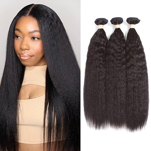 Kerriana Yaki paquetes de cabello humano 100% brasileño sin procesar, 3 paquetes de 14, 16, 18 pulgadas, rizado y lacio, para mujeres negras