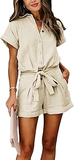 Women's Summer Short Sleeve Button Down Pockets Belted Elastic Waist Sol...