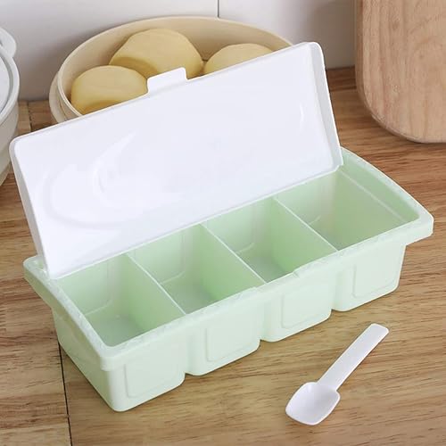 Miniatura 5 de Hemoton Caja de condimentos de 4 compartimentos, tarros de especias, material de PP, almacenamiento fresco, sal, azúcar, pimienta, condimentos,