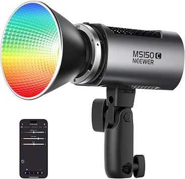 NEEWER MS150C RGBWW LED Video Light with 2.4G/APP Control, 150W Metal Mini RGB COB Continuous Output Lighting Bowens Mount Handheld Spotlight 2700K-6500K, 18000lux/1m, CRI97+/TLCI98+,17 Effects, RGBCW