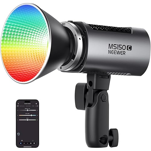 NEEWER MS150C RGBWW LED Video Light with 2.4G/APP Control, 150W Metal Mini RGB COB Continuous Output Lighting Bowens Mount Handheld Spotlight 2700K-6500K, 18000lux/1m, CRI97+/TLCI98+,17 Effects, RGBCW