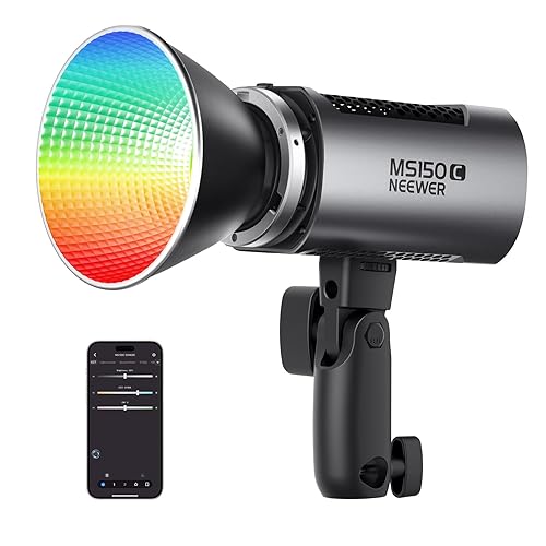 NEEWER MS150C RGBWW LED Video Light with 2.4G/APP Control, 150W Metal Mini RGB COB Continuous Output Lighting Bowens Mount Handheld Spotlight 2700K-6500K, 18000lux/1m, CRI97+/TLCI98+,17 Effects, RGBCW - MS150C w/o Cleaning Cloth