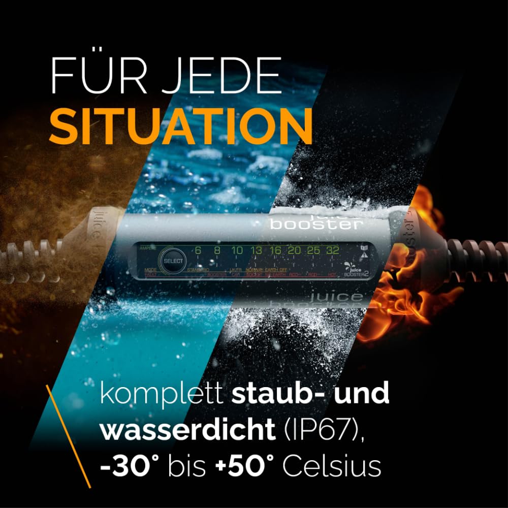Juice Booster 2 - Mobile Wallbox 22 kW und Typ 2 Ladekabel, Schweizer Design, wetterfest, überfahrbar, einstellbare Ladeleistung, kompatibel mit Allen Industrie- & Haushaltssteckdosen