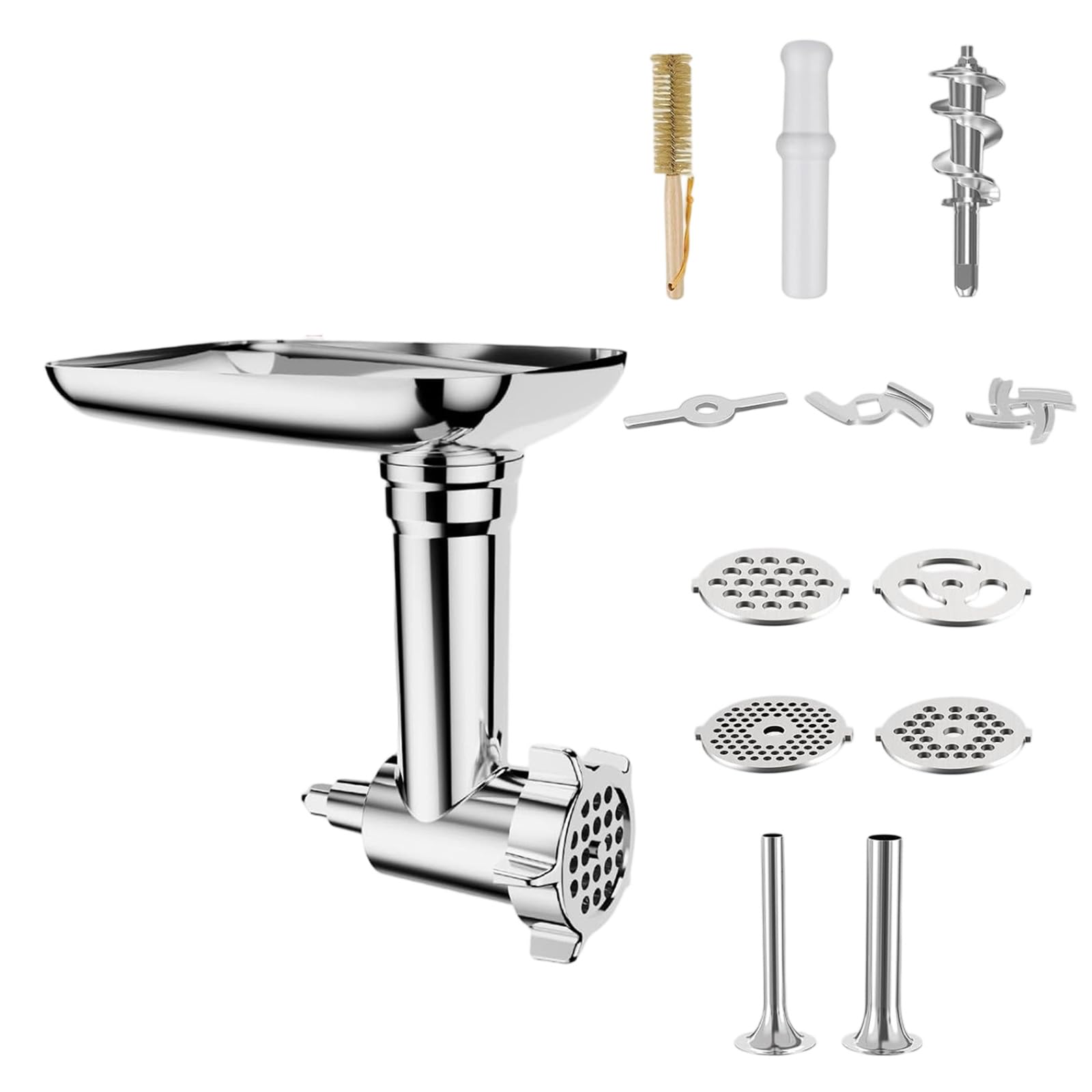 Accessori da cucina per robot da cucina, set accessori per salsiccia e tritatutto in acciaio inox, 21, con piastre macinazione, dischi da taglio e vassoio alimentazione,