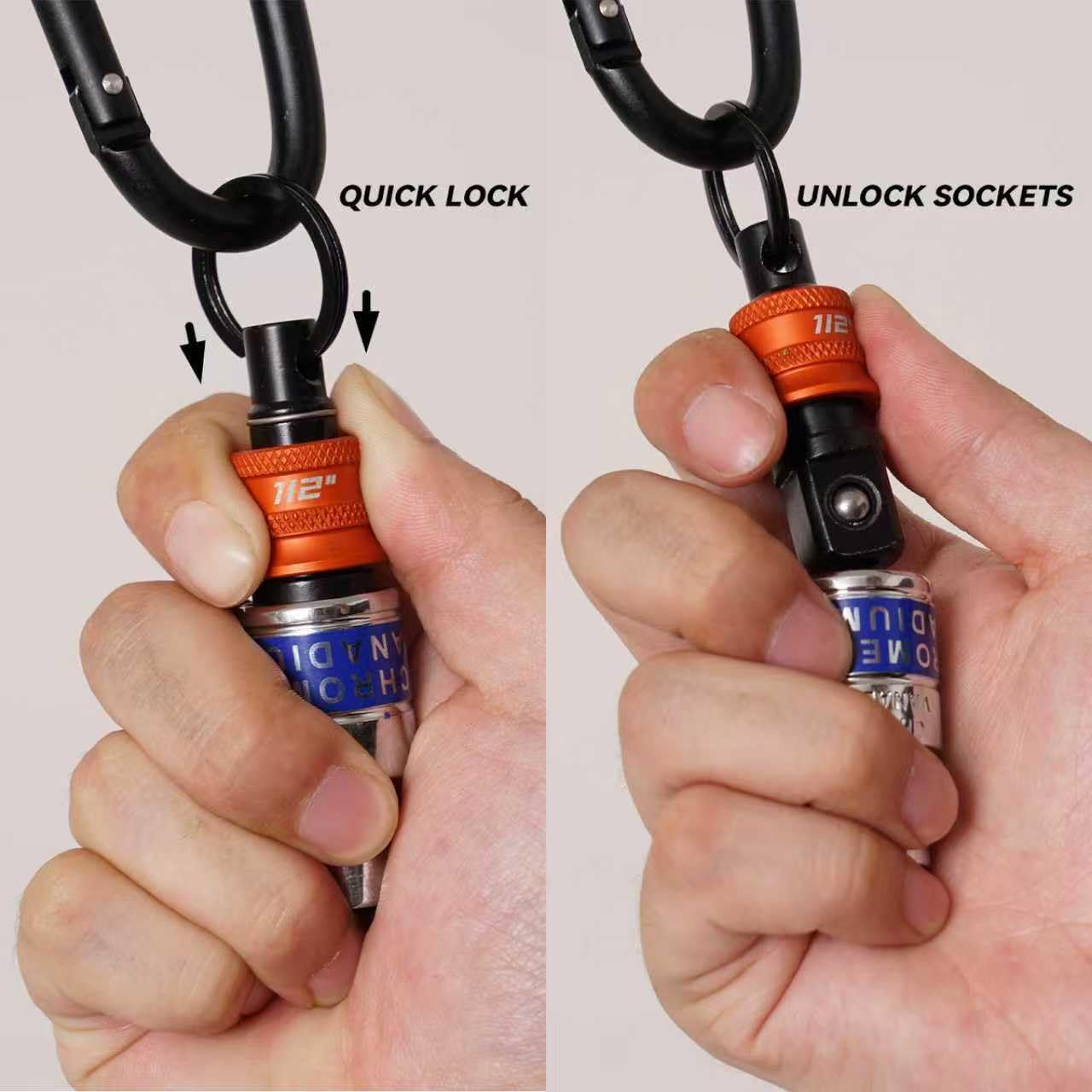 3/8" Socket Holder Keychain Set with Quick Release & Locking Clip, Bit Holder Key Chain Heavy-Duty Toolbox Organizer for Impact Wrench, Mechanics, Electricians & Construction Workers