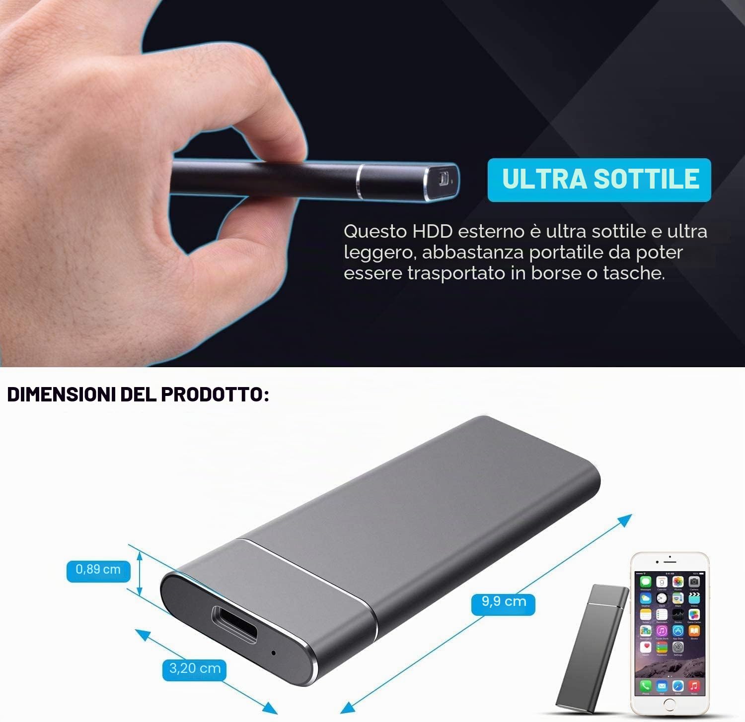 SSD disco a stato solido portatile da 2 TB, grande capacità, ultra-veloce, unità di memoria esterna mobile per computer portatile/desktop