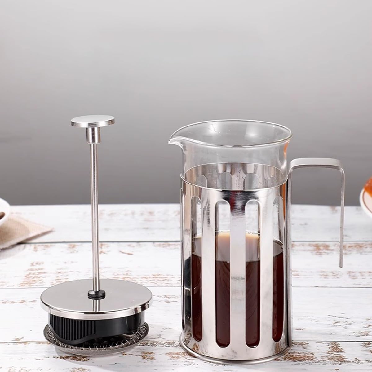 Cafetera de prensa de acero inoxidable con sistema de 3 filtros, resistente al calor, prensa francesa, diseño aislado de vidrio