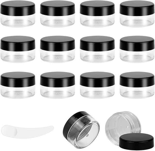 12pcs 10Gram/10ml Jars, Sample Pots, Mini Jars With Lids, Clear Round Plastic Jars With 1 Mini Spatulas For Various Cosmetic Products, Samples Eye Shadow Lip Balm, and Nail Powder(Black)