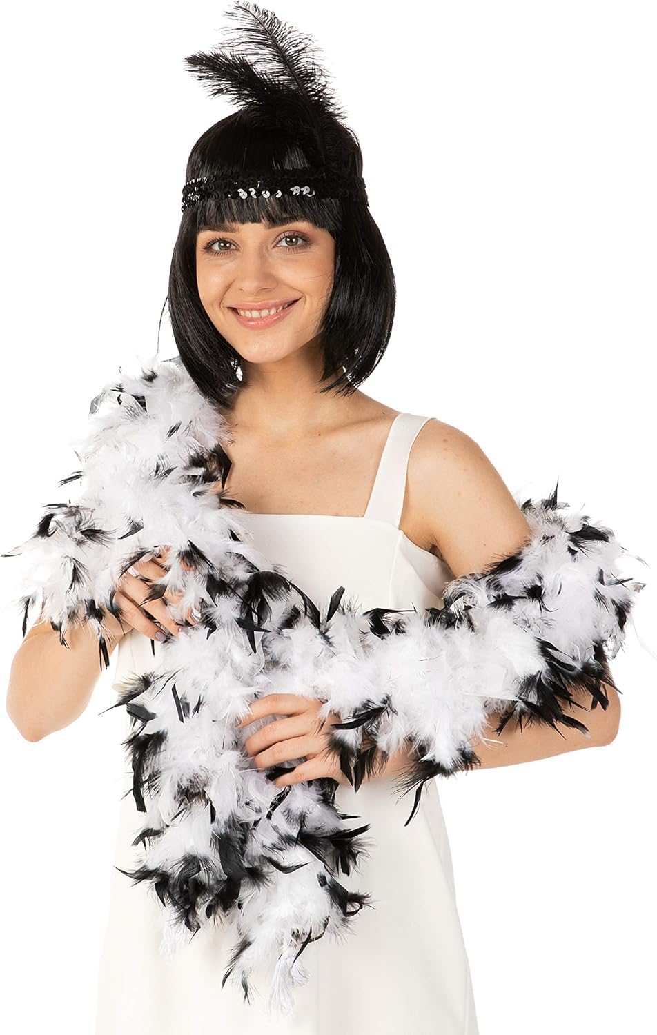 Mystic City 85g Feather Boa 180cm 1920s Accessories for Women Burlesque Fancy Dress Mardi Gras Moulin Rouge Outfit Shawl Wrap Costume Gatsby Hen Party (White and Black)
