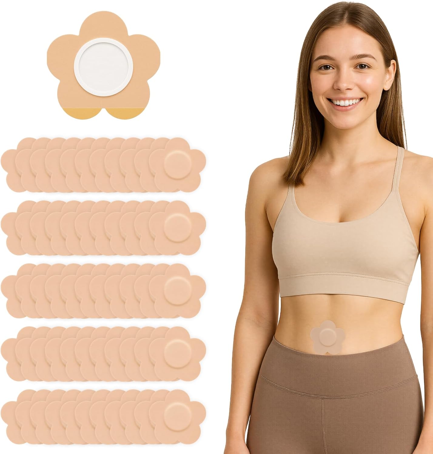 MONIER 200PCS Castor Oil Patches, Castor Oil Pack Wrap Disposable Organic Cotton Self-Adhesive Pads for Belly Button, Anti Leakage Design, Breathable & Portable, No Wash (Beige)