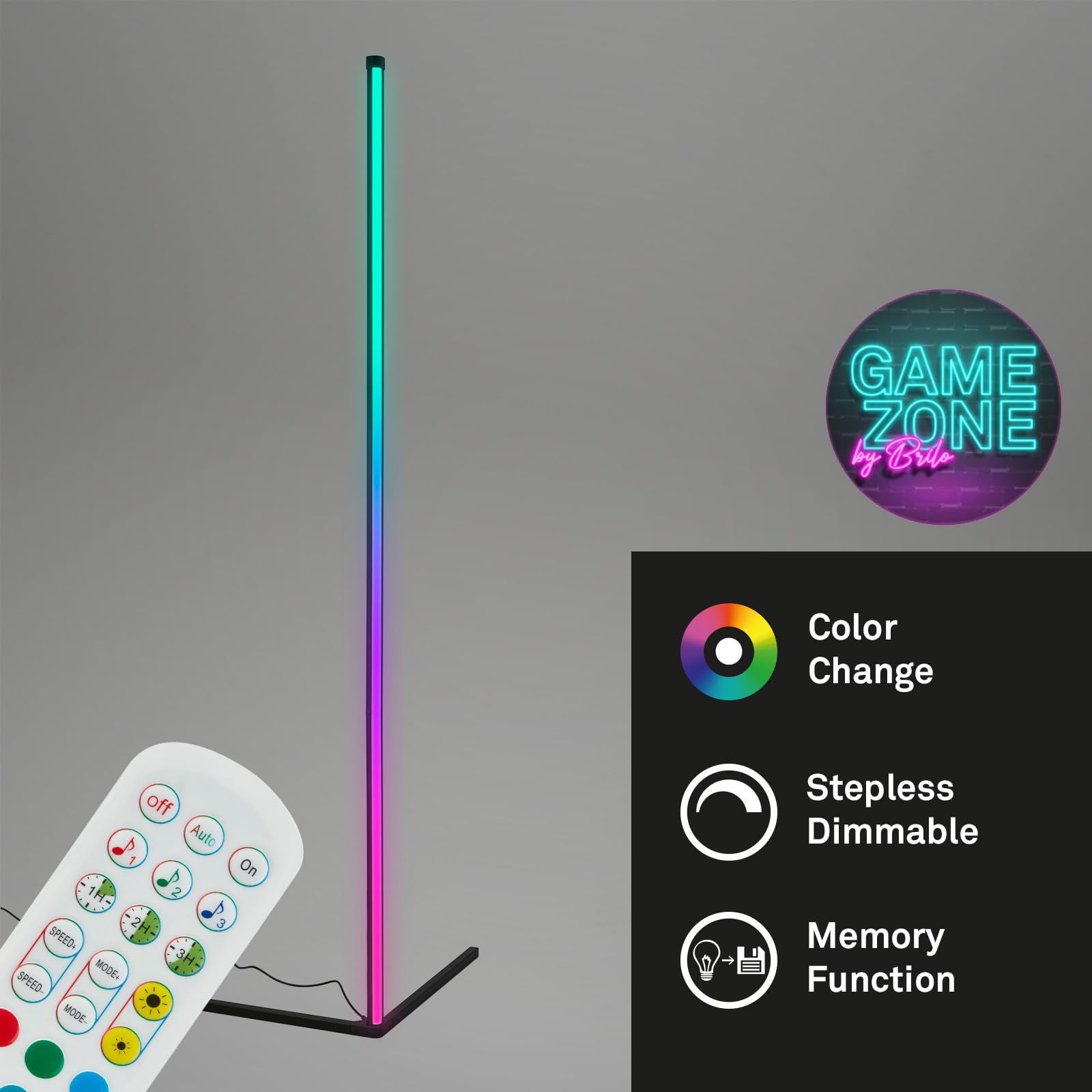 BRILONER Lampa stojąca LED RGBIC z pilotem zdalnego sterowania, Magic RGB LED jako dekoracja gamingowa, oświetlenie nastrojowe z czujnikiem muzyki, możliwość ściemniania, wielokolorowe światło,
