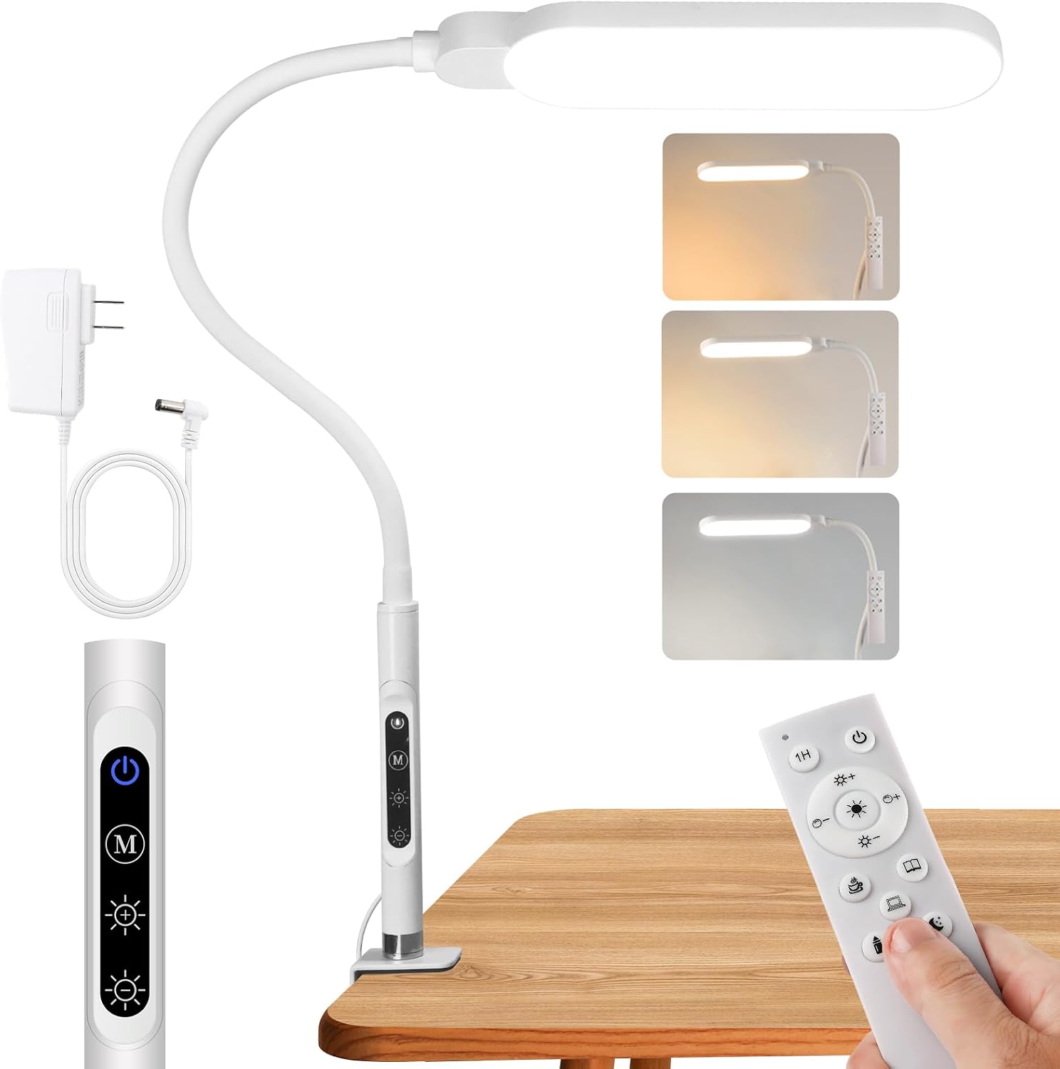 BQAN LED Desk Lamp with Clamp, 360 Flexible Gooseneck Nail Table Light Touch Dimmer, 5 Color Modes 9 Brightness Dimmable, Eye-Care Clip-on Lamp for Office Home Work, White