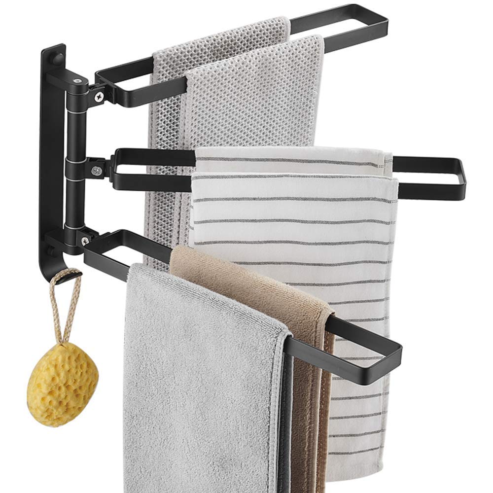 Toallero de 3 brazos articulados y extensibles en acabado negro mate para montaje de pared