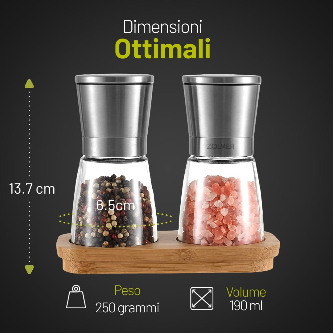 Macina sale e pepe con supporto in bambù – Set di 2 macinaspezie in acciaio inox e vetro – macina in ceramica regolabile, ricaricabile ed elegante per ogni cucina