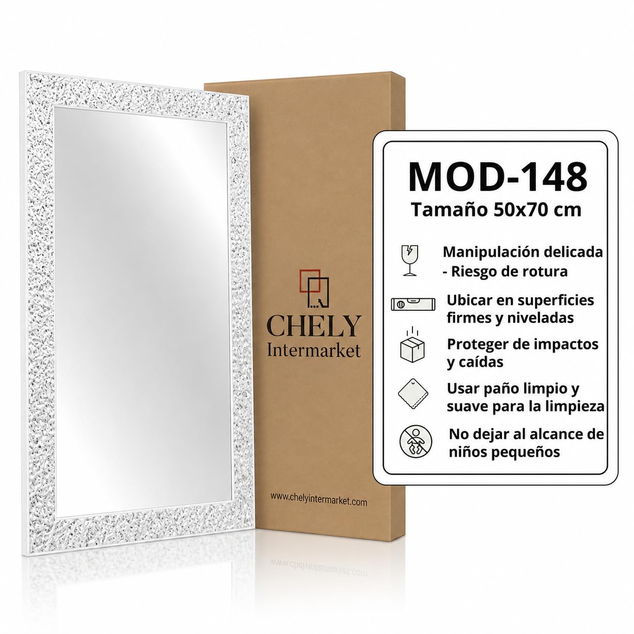 CHELY INTERMARKET Espejo de Pared Cuerpo Entero 50x70cm(62,50x77,50cm) Blanco-Plateado MOD148