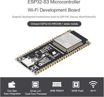 Waveshare ESP32-S3 Wi-Fi Development Board with ESP32-S3-WROOM-1 Series Module, 240MHz Dual Core Processor, 512KB SRAM, 8MB PSRAM, 16MB Flash, Type-C Connector