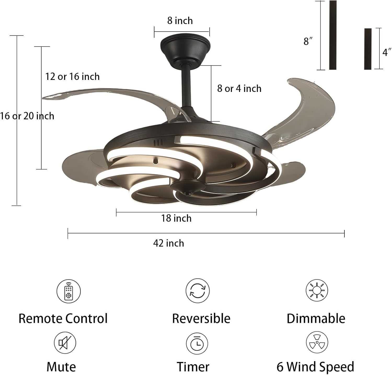 42" Retractable Ceiling Fan with Lights Modern Fandelier Fan Light with Remote Bladeless Fan Ceiling Light for Bedroom Living Room 6 Speed Black (Black RFL25012)