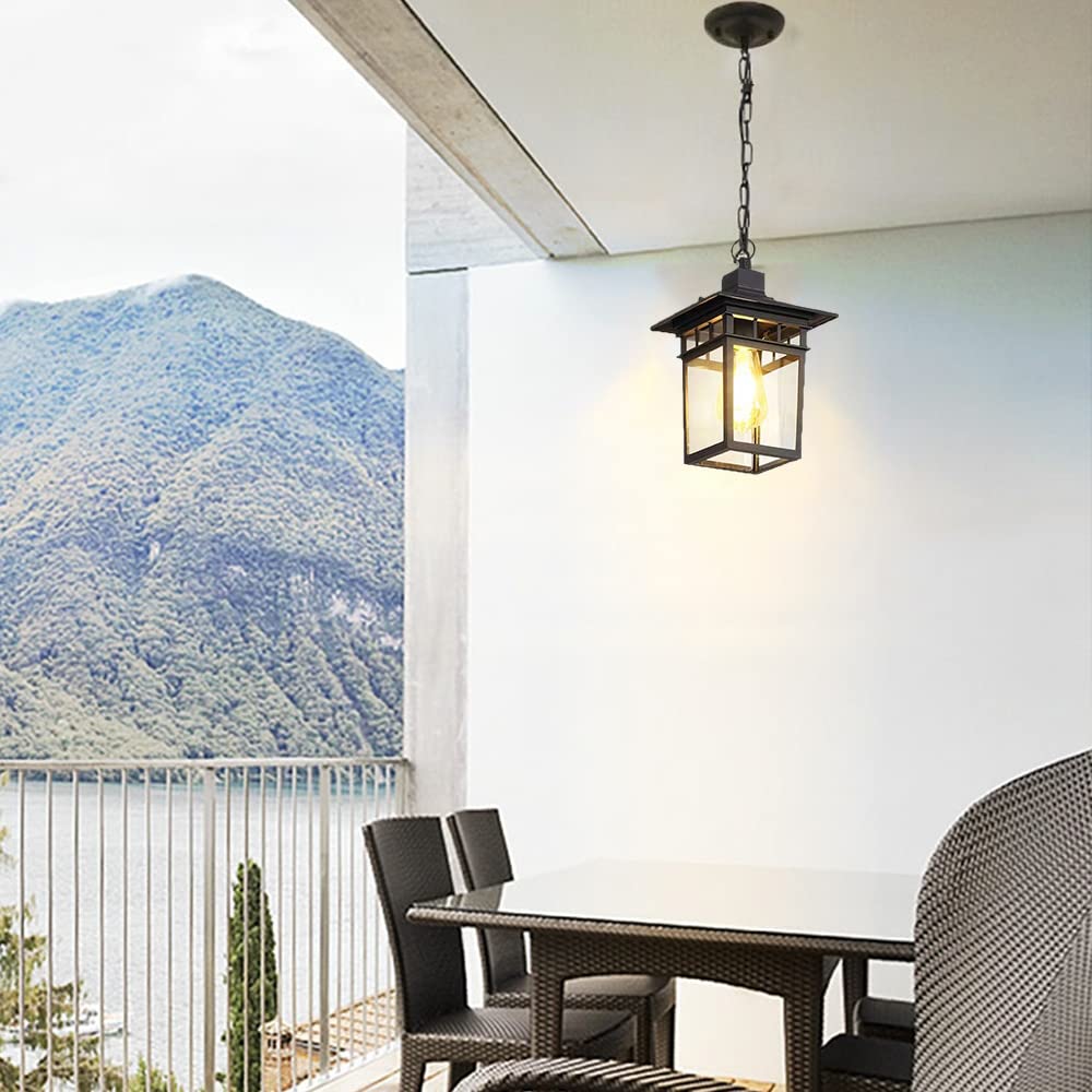 Deckenleuchte Hängelampe Aussen Pendelleuchte Schwarz Vintage Industrie E27 Innen Metall Hängeleuchte Wasserdichte IP23 Aluminium Glas Outdoor Retro Pendellampe Lampenschirm Laterne für Garten